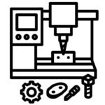 CNC Milling Services 8 Icon showing various small precision parts next to CNC machine for prototyping