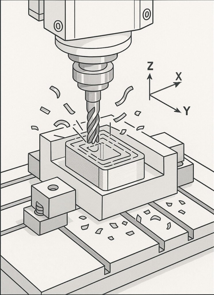 CNC Turning Services 1 Illustration of 3-axis CNC milling process showing toolpath and aluminum workpiece