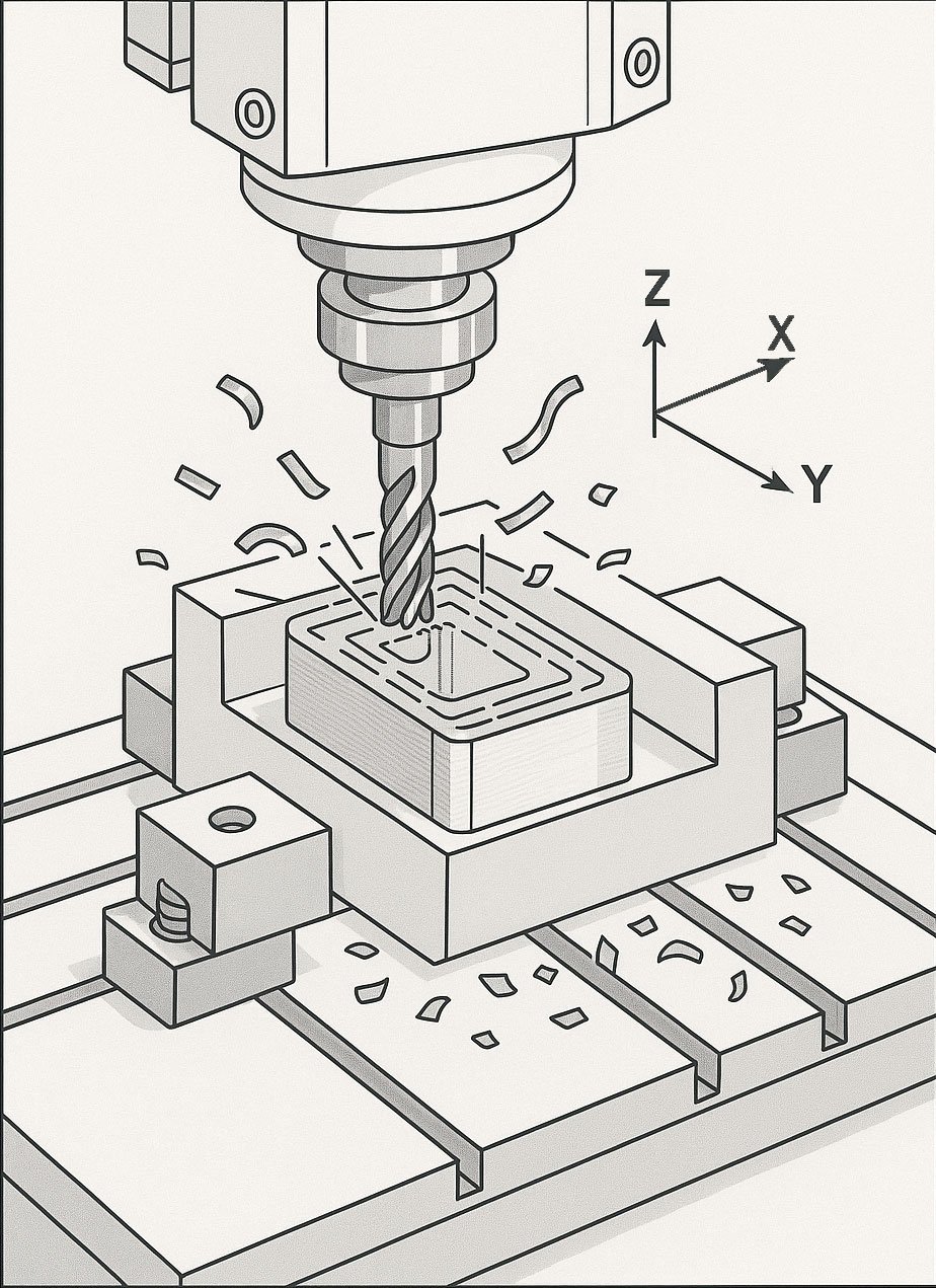 CNC Milling Services 1 Illustration of 3-axis CNC milling process showing toolpath and aluminum workpiece