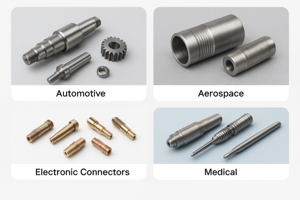 CNC Turning Services 2 Showcase of CNC turned parts including automotive shafts, aerospace titanium components, brass electronic connectors, and stainless steel medical implants