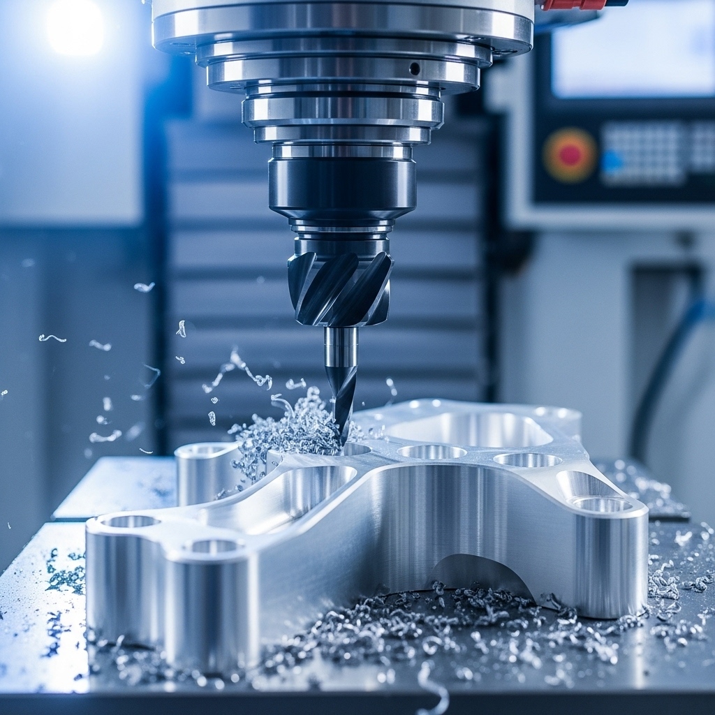 CNC Prototyping Services 1 Close up of CNC machine cutting an aluminum prototype part for product development