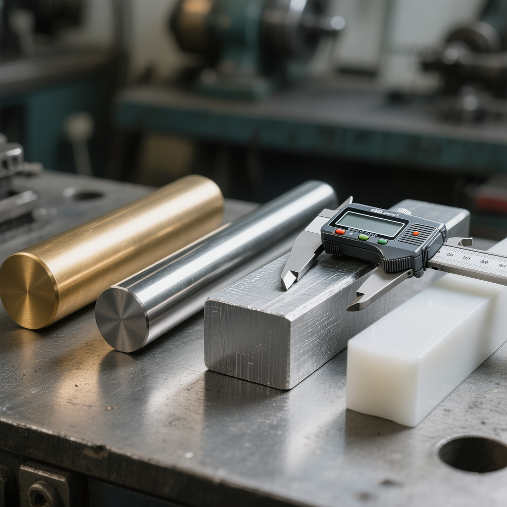 How to Choose the Right Material for CNC Machining 3 CNC workshop workbench with aluminum, stainless steel, brass and POM material samples