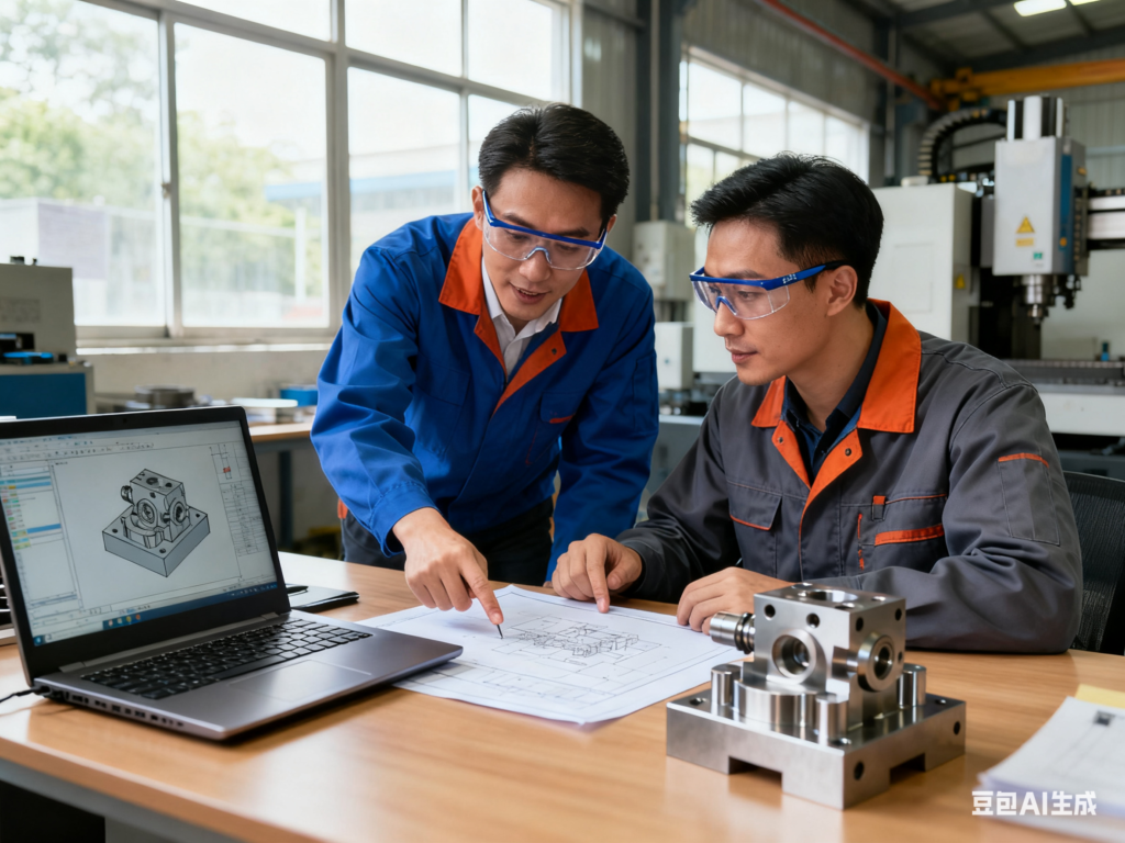 How to Choose the Right Material for CNC Machining 7 Mechanical engineers reviewing CNC prototype and CAD model in factory office
