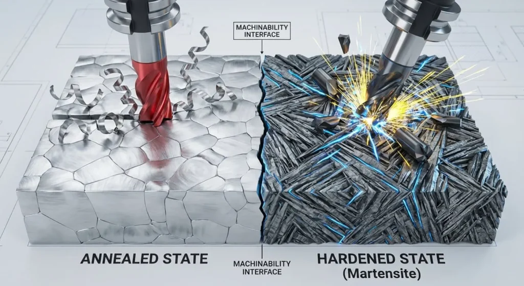 A comparison chart of the processing difficulty of alloy steel in the annealed state and that of hardened alloy steel during cnc machining process