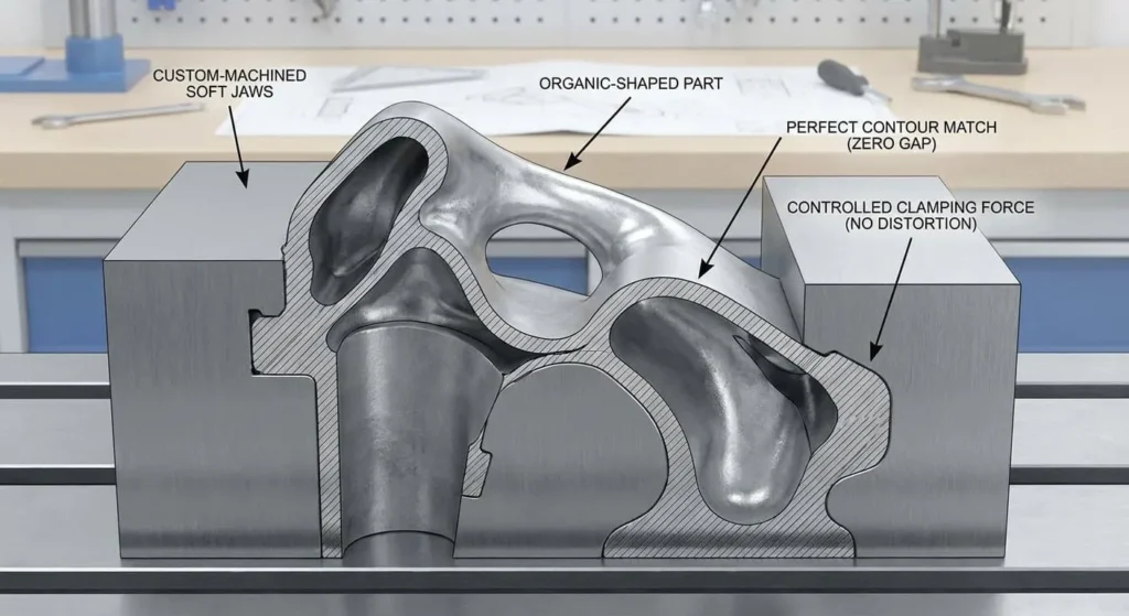 A complex, organic curved aluminum piece is perfectly held in place by the custom-made jaws.