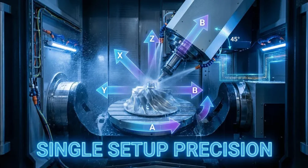 Action shots of the interior of a 5-axis CNC machine tool