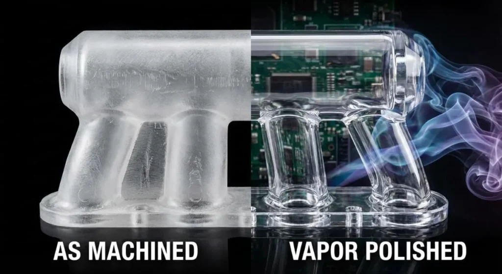 Before and after comparison of vapor polishing on clear polycarbonate plastic