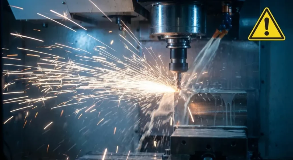 the Expert's Guide to Titanium CNC Machining: Grade 5, Grade 2 & Medical Alloys 2 Bright white sparks generated during heavy titanium cnc machining illustrating fire hazard