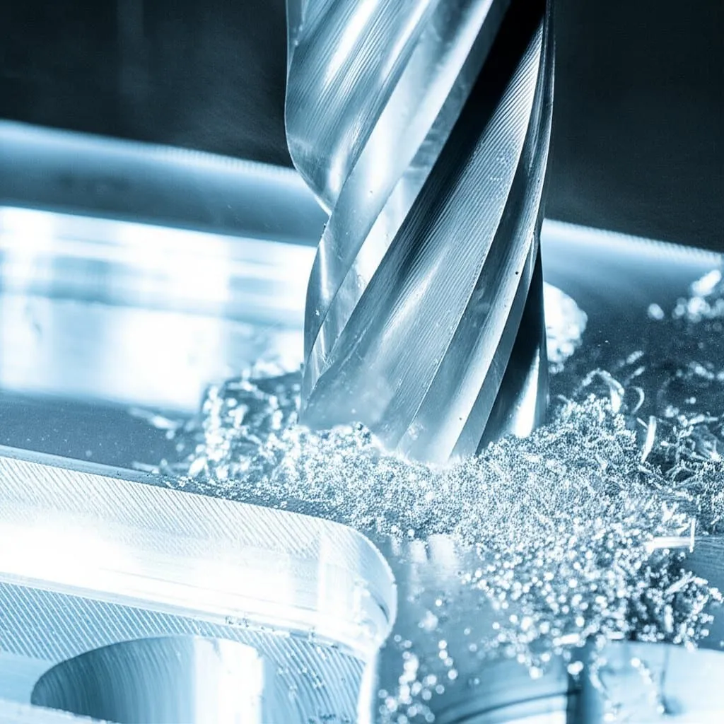 CNC endmill cutting aluminum with visible chips and coolant