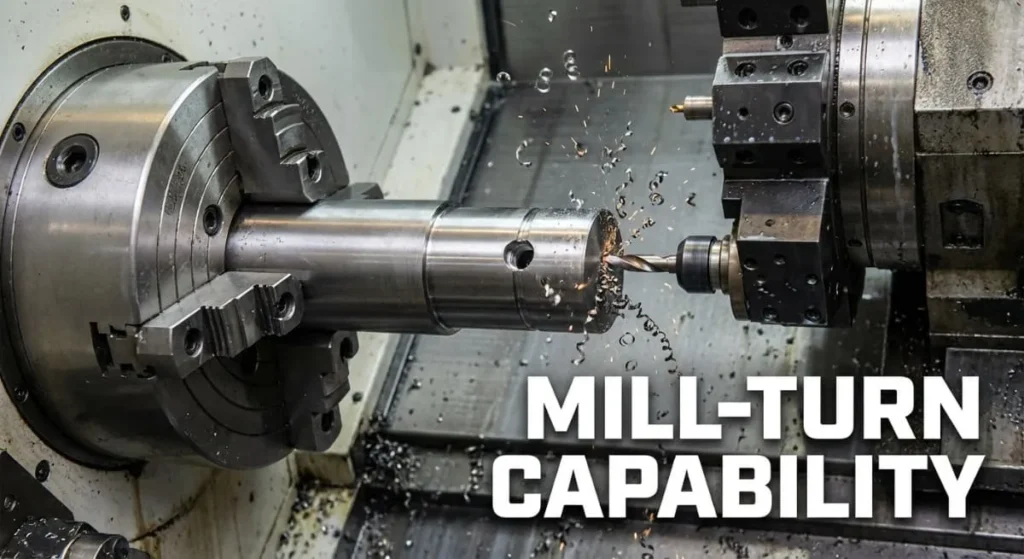 CNC mill-turn machine using live tooling to mill a feature on a turned part