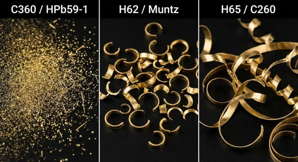 Brass CNC Machining: C360 vs H62 vs H65 Selection Guide 3 Chip comparison of different brass cnc machining grades showing dust, curls, and ribbons