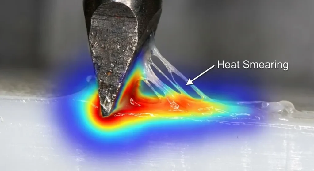 Close up of heat smearing failure in plastic machining caused by poor heat dissipation