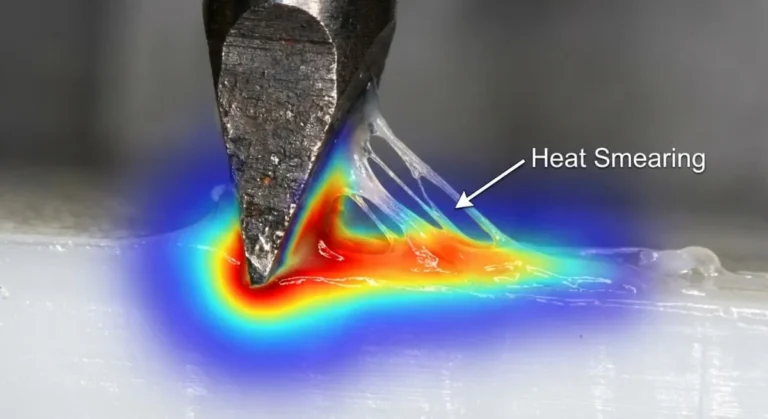 Close up of heat smearing failure in plastic machining caused by poor heat dissipation