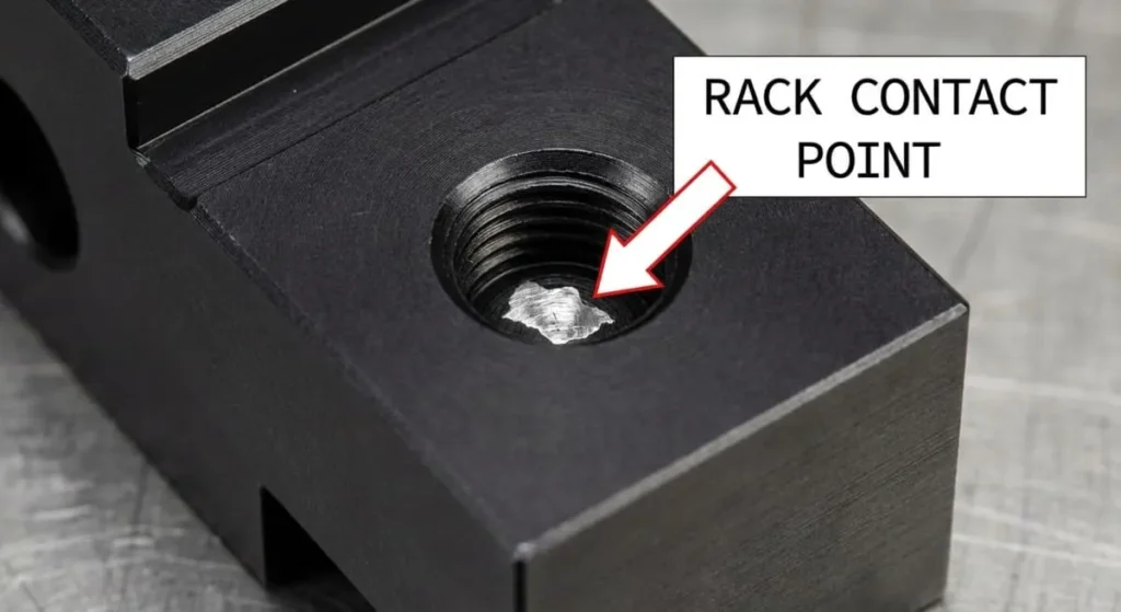 Close up showing a rack mark contact point on a black aluminum anodized part