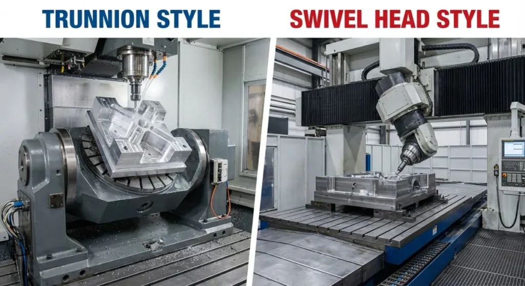 Comparison between trunnion style and swivel head style 5 axis cnc machine architectures