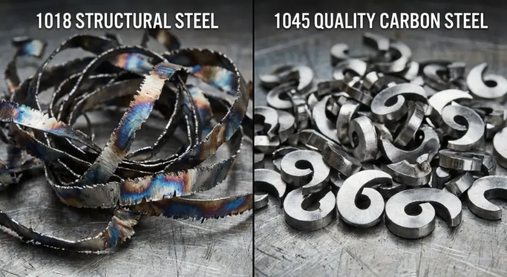 The Ultimate Guide to CNC Carbon Steel: Structural, Alloy, & Tool Grades Explained 1 Comparison of gummy machining chips from 1018 structural carbon steel versus clean broken chips from 1045 quality carbon steel