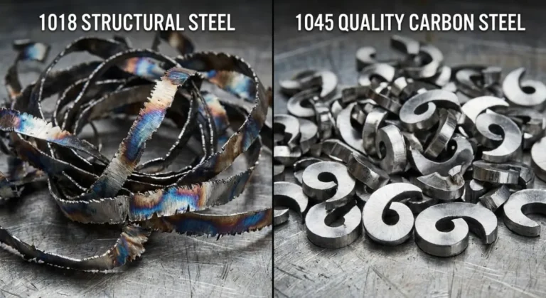 Comparison of gummy machining chips from 1018 structural carbon steel versus clean broken chips from 1045 quality carbon steel
