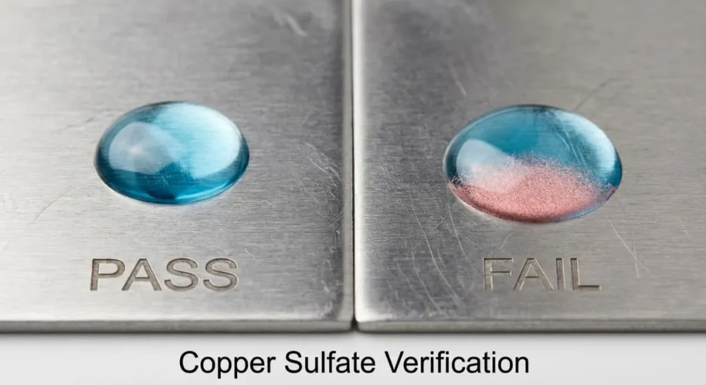 Copper sulfate test results showing pass vs fail for free iron on stainless steel passivation