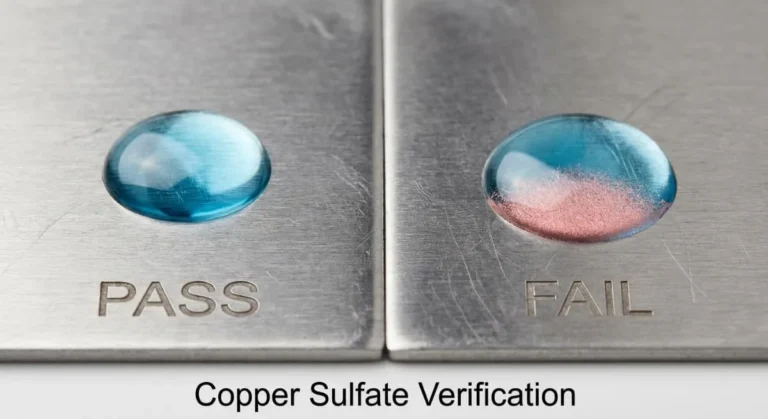 Copper sulfate test results showing pass vs fail for free iron on stainless steel passivation