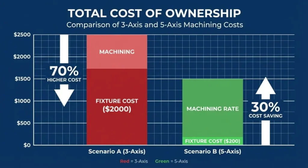 Cost analysis chart showing how 5-axis machining reduces total production cost through single setup efficiency