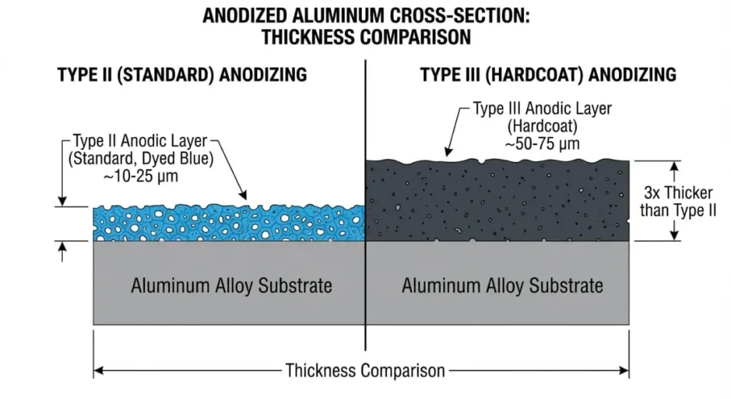 Cross section comparison of thickness between Type II and Type III aluminum anodizing