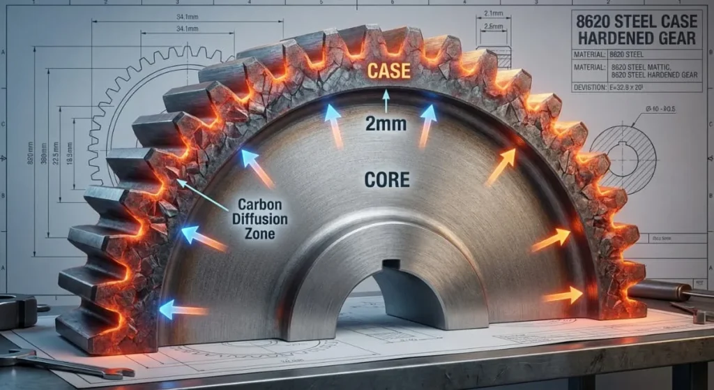 The Ultimate Guide to CNC Carbon Steel: Structural, Alloy, & Tool Grades Explained 4 Cross-section of 8620 alloy carbon steel gear showing hardened outer case and tough inner core