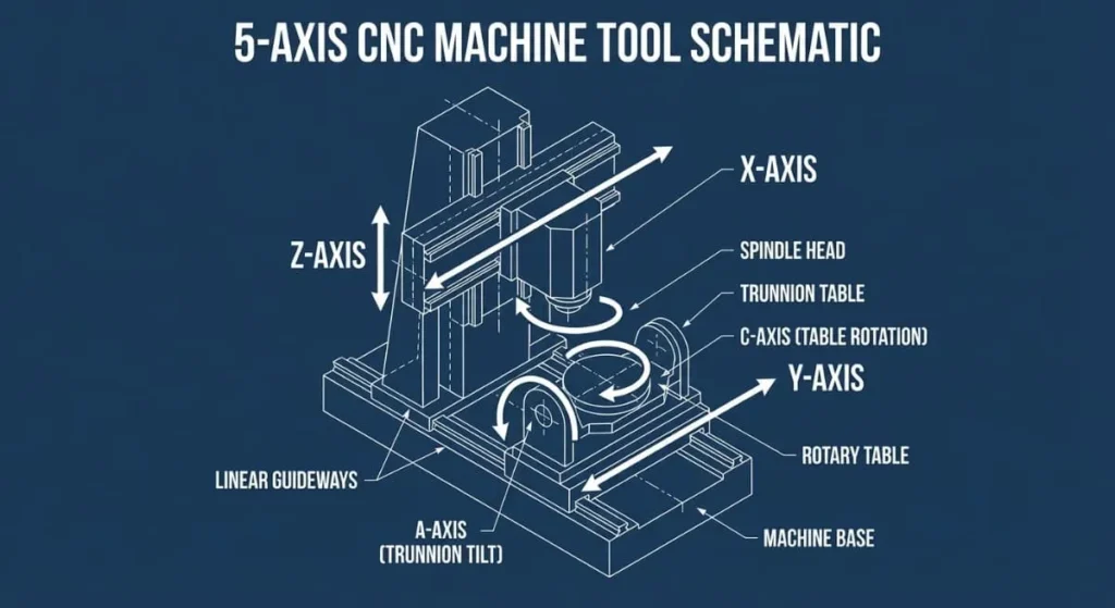 Diagram illustrating the X Y Z linear axes and A C rotary axes in 5-axis cnc machining.