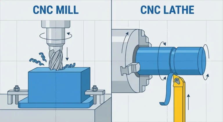 Diagram illustrating the difference between rotating tool in milling and rotating part in turning