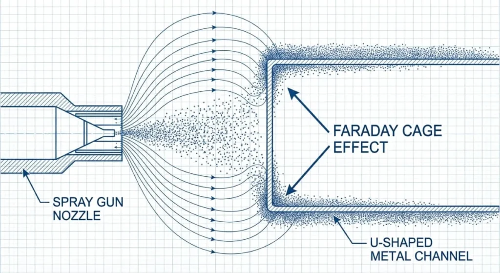 Diagram showing Faraday cage effect preventing powder coating from reaching internal corners