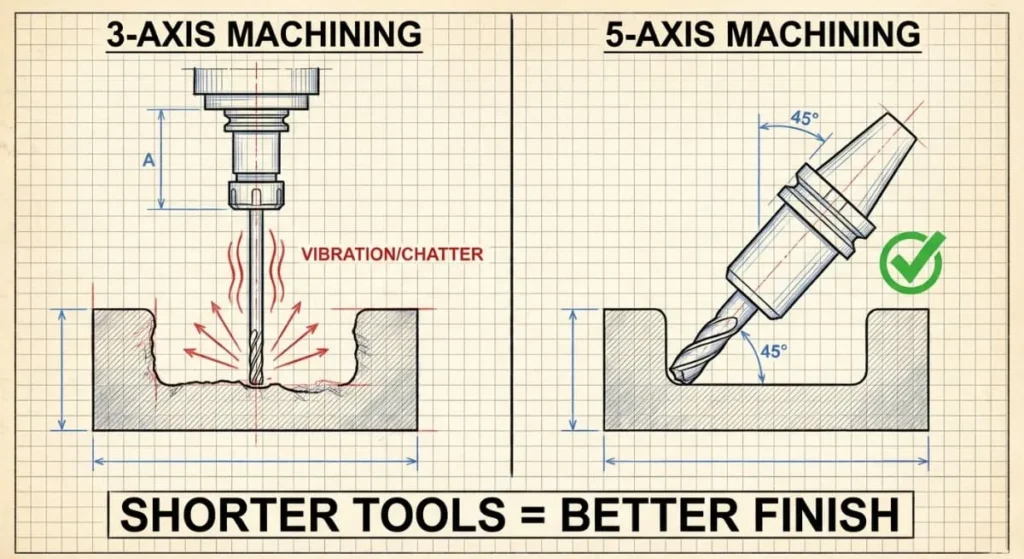 Diagram showing how 5-axis cnc machining allows for shorter tools and reduced vibration compared to 3-axis