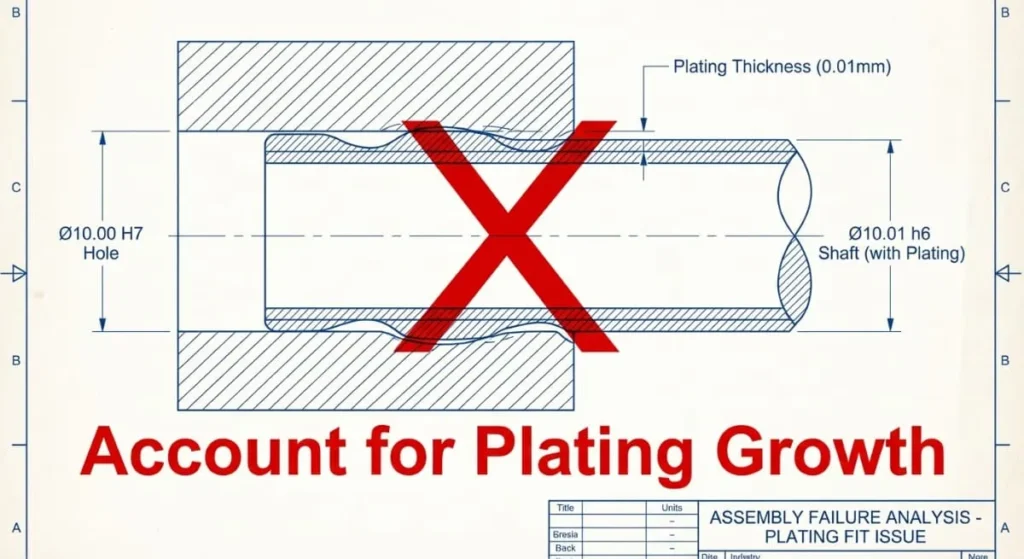 Diagram showing how electroplating thickness affects tolerance and fit of machined parts