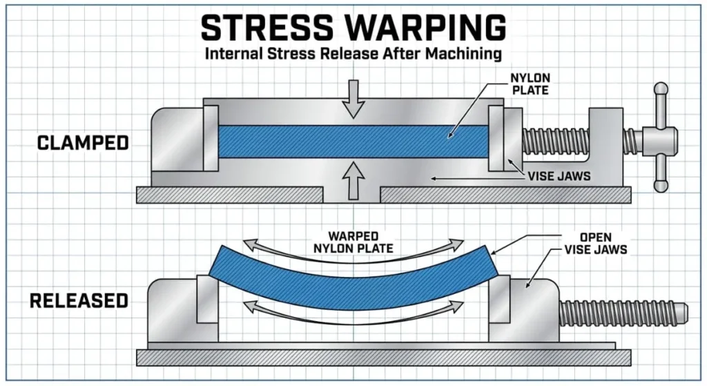 Diagram showing warping caused by internal stress in nylon plastic machining