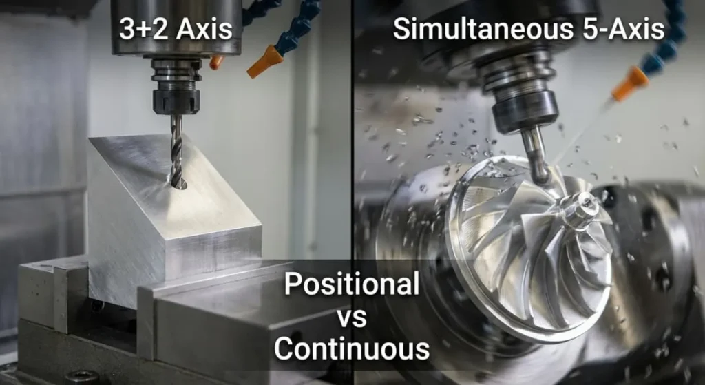 Difference between positional 3 plus 2 axis and continuous simultaneous 5-axis cnc machining process