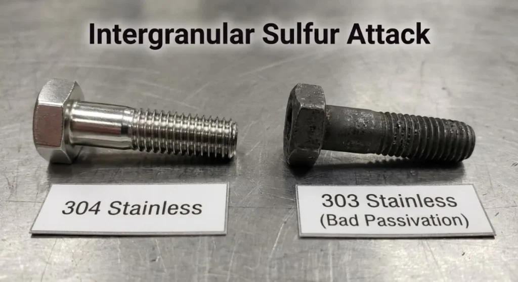 Example of failed passivation on 303 stainless steel showing blackening compared to shiny 304