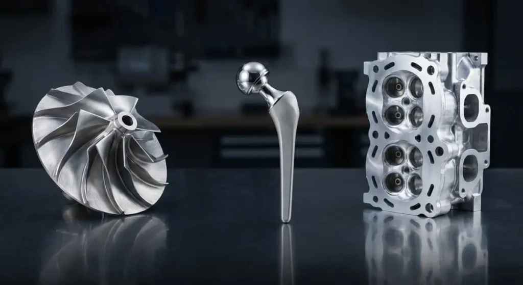 Examples of 5 axis machined parts including aerospace impellers, medical implants, and automotive manifolds