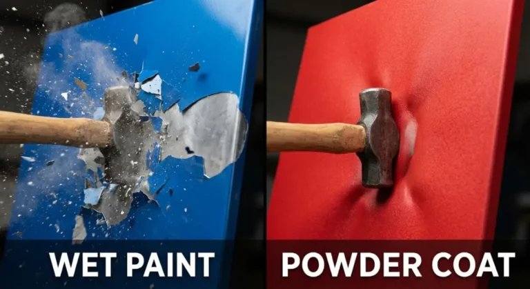 Impact durability test comparing chipping wet paint versus flexible powder coating