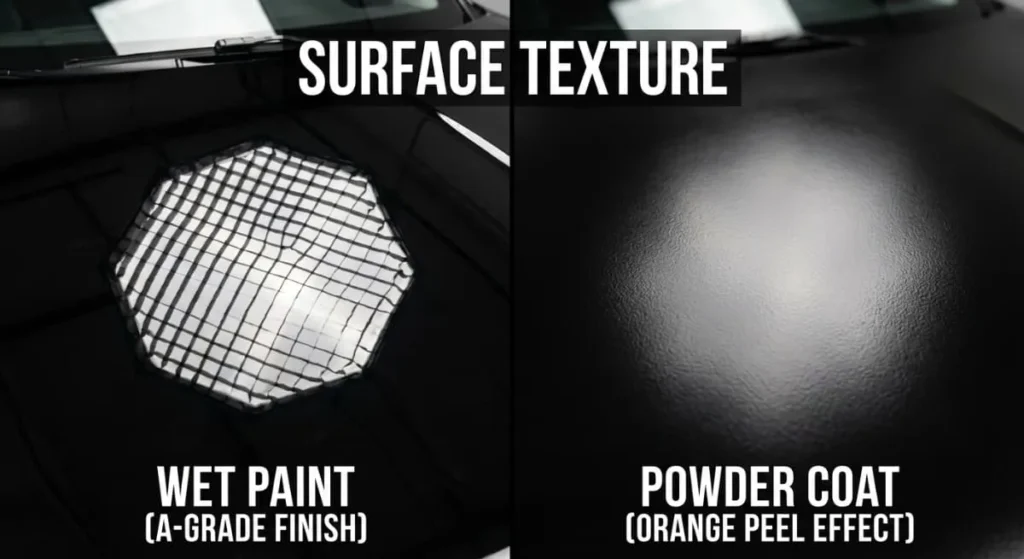 Macro comparison showing Powder Coating vs Painting surface texture