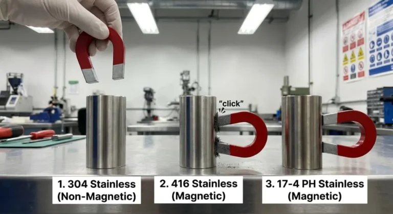 Magnetism test on stainless steel cylinders showing magnetic 416 and 17-4 PH versus non-magnetic
