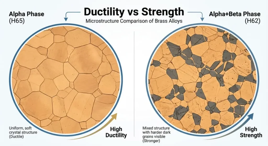 Brass CNC Machining: C360 vs H62 vs H65 Selection Guide 1 Microstructure comparison of Alpha phase versus Alpha-Beta phase in brass cnc machining alloys