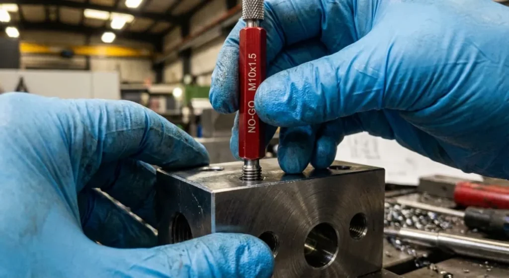 Quality inspector using go no-go thread gauge to verify thread tolerances