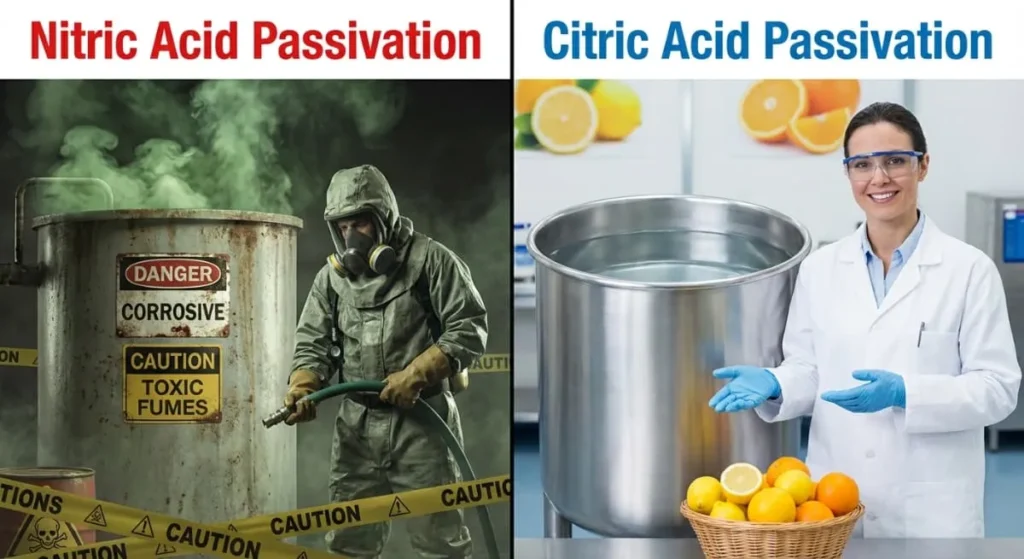 Safety comparison between toxic nitric acid and food-safe citric acid for stainless steel passivation