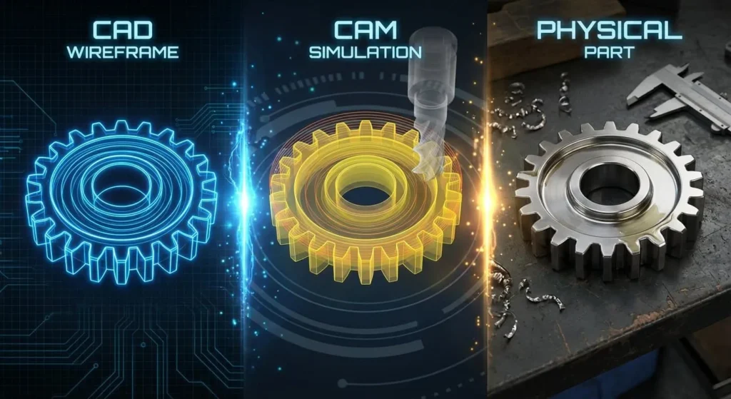 The CNC workflow goes from CAD drawings to CAM simulation and finally to the actual CNC machining.