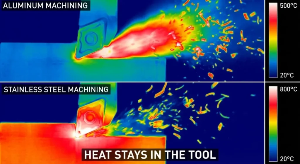 Thermal imaging comparison showing heat building up in the tool when machining cnc stainless steel versus aluminum