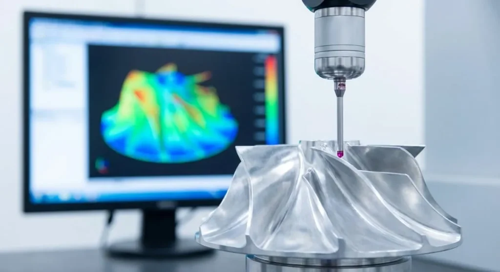 Zeiss CMM probe inspecting complex aerospace part for gd&t tolerances as cnc quality control