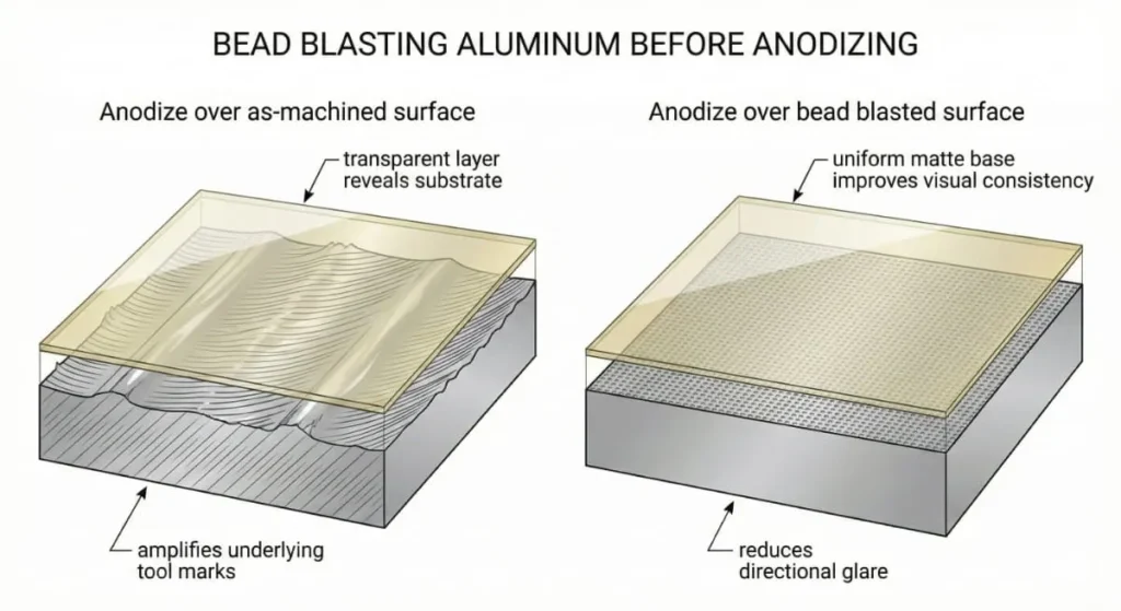 What is Bead Blasting? Engineering Guide & Specs (2026) 6 Comparison of anodized aluminum with and without bead blasting, showing uniform matte appearance achieved by bead blasting aluminum before anodizing.