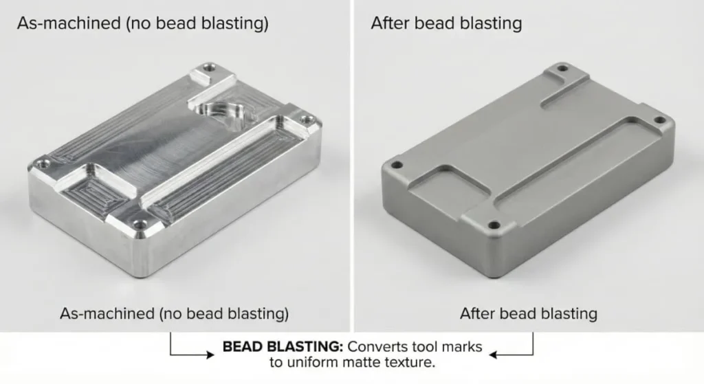 What is Bead Blasting? Engineering Guide & Specs (2026) 3 Side-by-side comparison of the same aluminum part before and after bead blasting, showing removal of machining marks and creation of a uniform matte surface.
