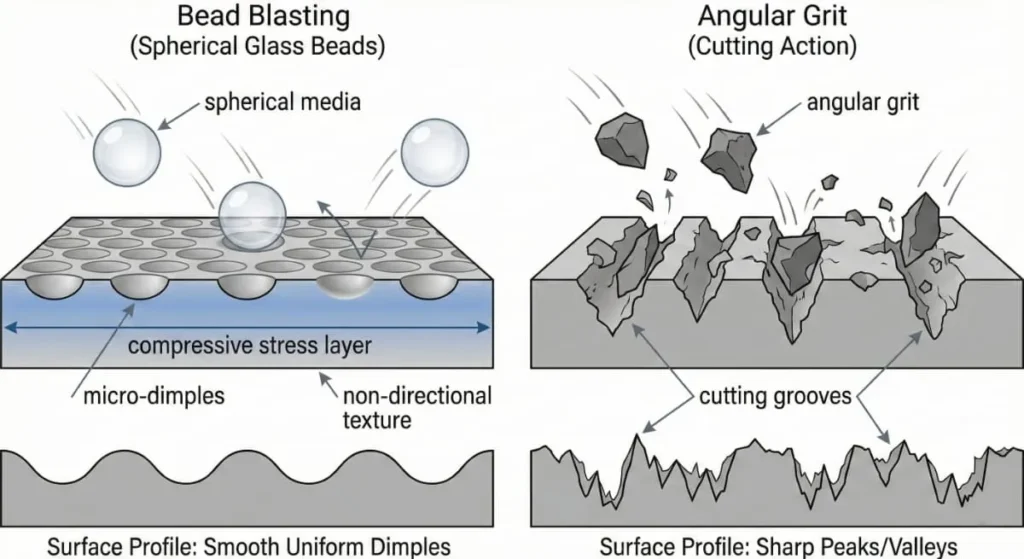 What is Bead Blasting? Engineering Guide & Specs (2026) 2 Micro-scale illustration showing bead blasting using spherical glass beads to create uniform surface dimples compared with angular grit cutting the metal surface.