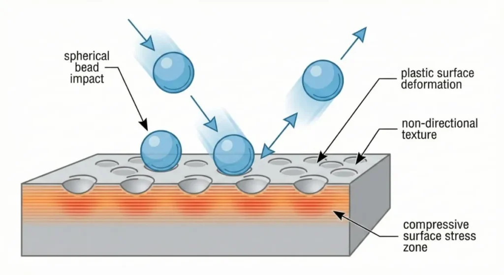 What is Bead Blasting? Engineering Guide & Specs (2026) 1 Engineering illustration showing the bead blasting process, where spherical beads impact a metal surface to create a uniform non-directional texture without cutting.