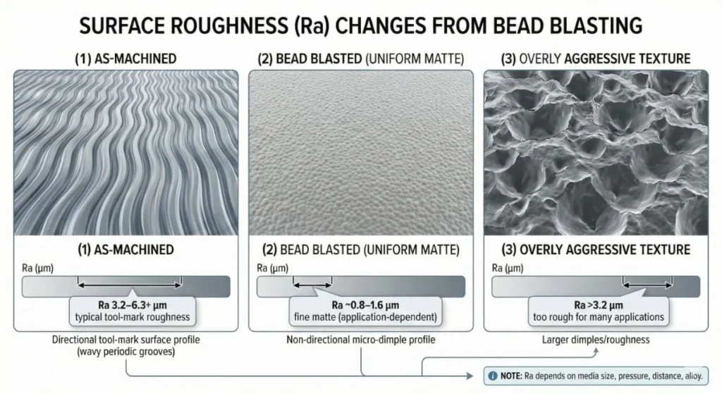 What is Bead Blasting? Engineering Guide & Specs (2026) 4 Surface roughness Ra comparison showing as-machined tool marks versus uniform matte texture after bead blasting.
