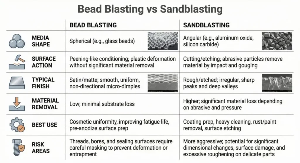 What is Bead Blasting? Engineering Guide & Specs (2026) 7 Technical comparison chart showing bead blasting vs sandblasting, including media shape, surface action, finish type, and material removal.